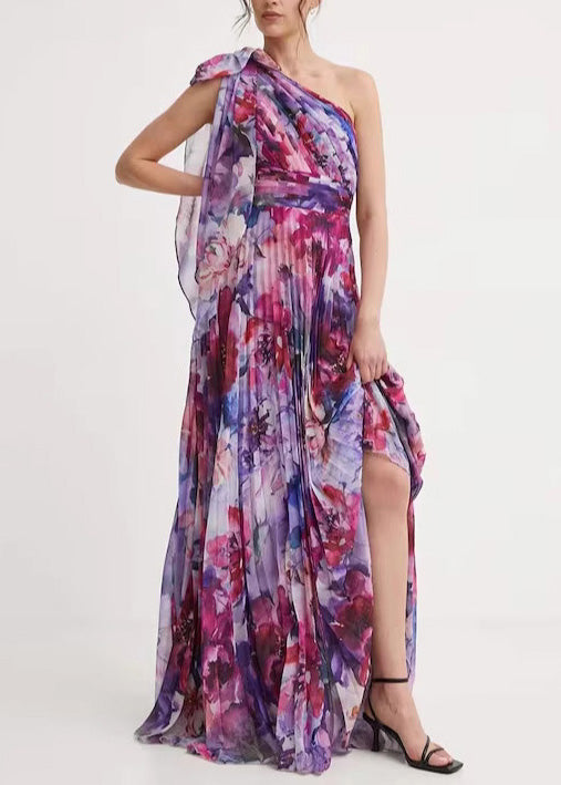 Floral Print One Shoulder Pleated Draped High Split Chiffon Maxi Dress