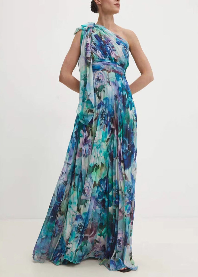 Style Purple One Shoulder Print Exra Large Hem Chiffon Dress Summer 3