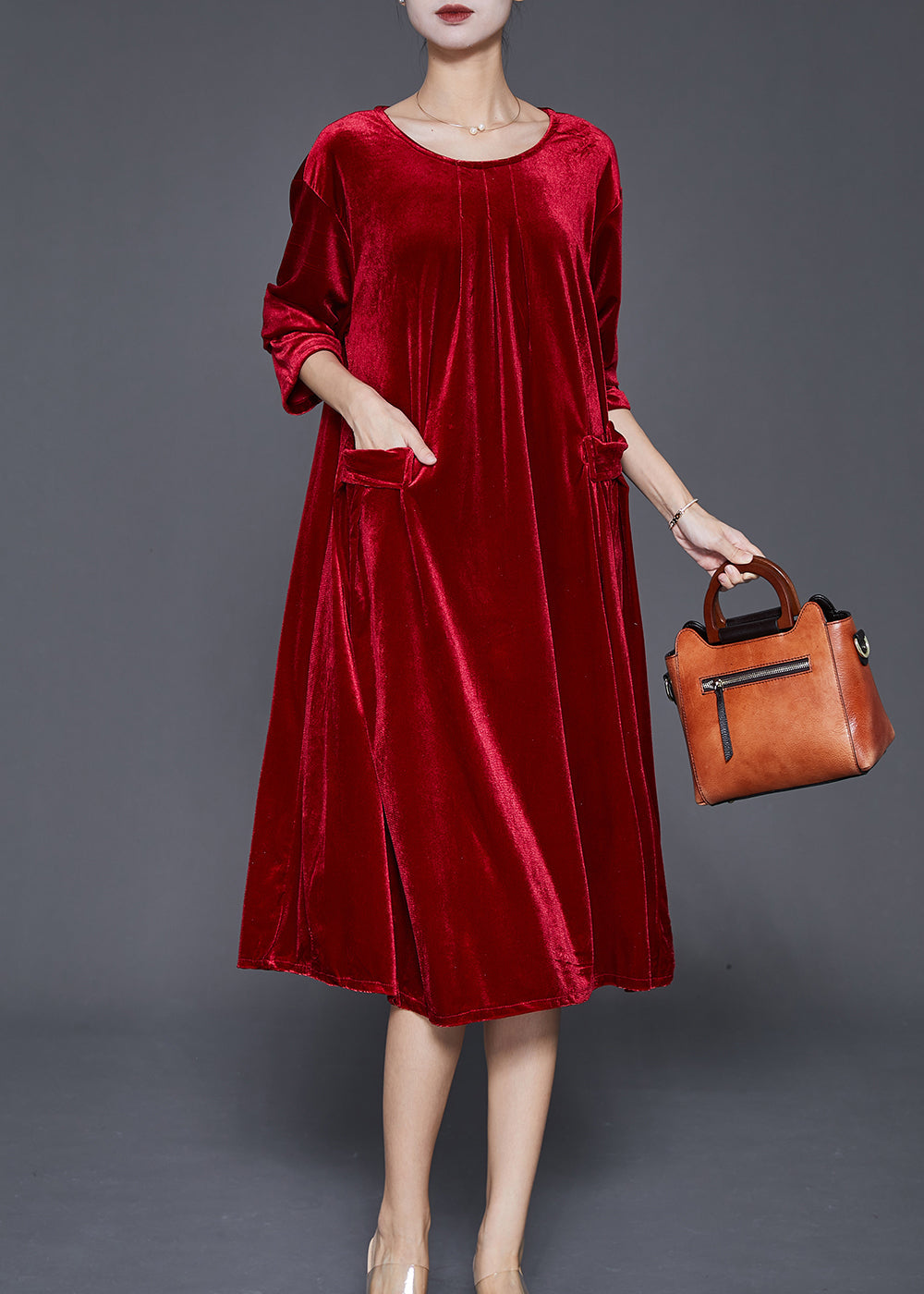 Velvet Round Neck Three Quarter Sleeve Flap Pocket A-Line Midi Dress