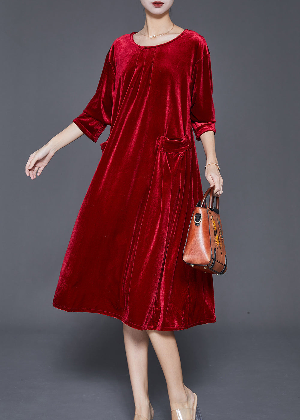 Velvet Round Neck Three Quarter Sleeve Flap Pocket A-Line Midi Dress
