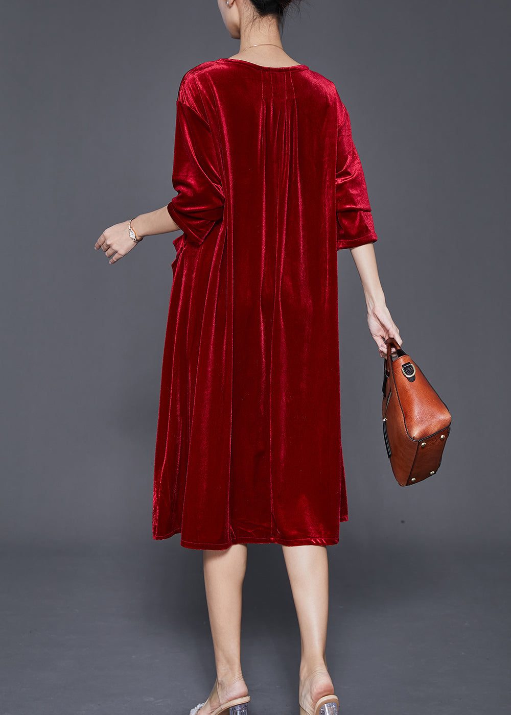 Velvet Round Neck Three Quarter Sleeve Flap Pocket A-Line Midi Dress