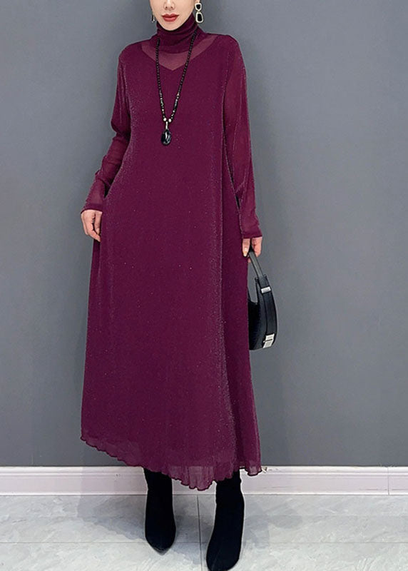 Turtleneck Long Sleeve Sheer Mesh Panel Loose Pleated Midi Dress