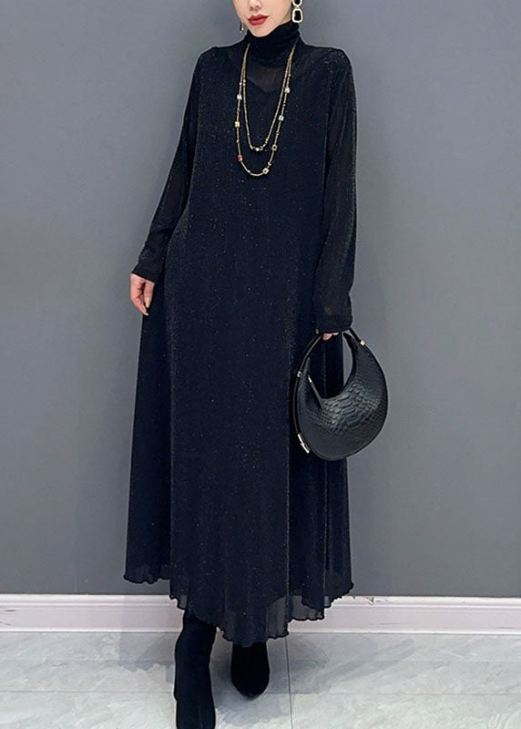 Style Rose Turtleneck Patchwork Tulle Long Dress Long Sleeve - View 2