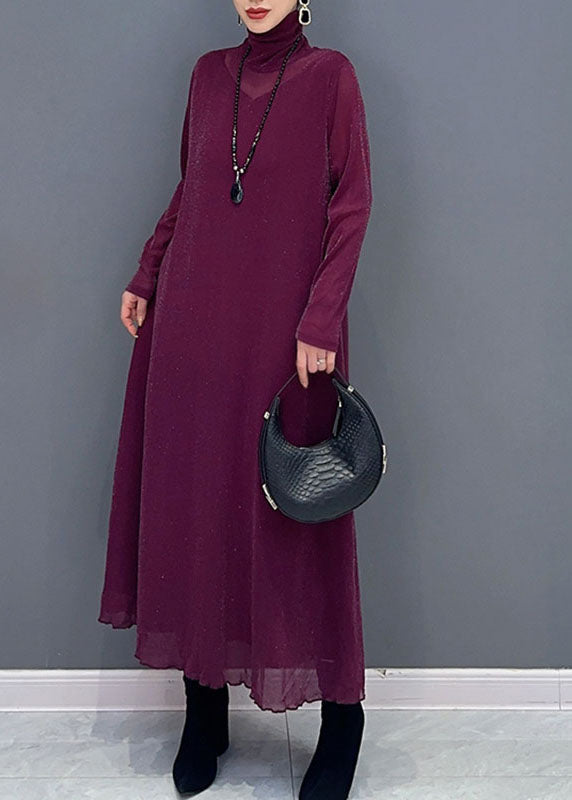 Style Rose Turtleneck Patchwork Tulle Long Dress Long Sleeve - View 3