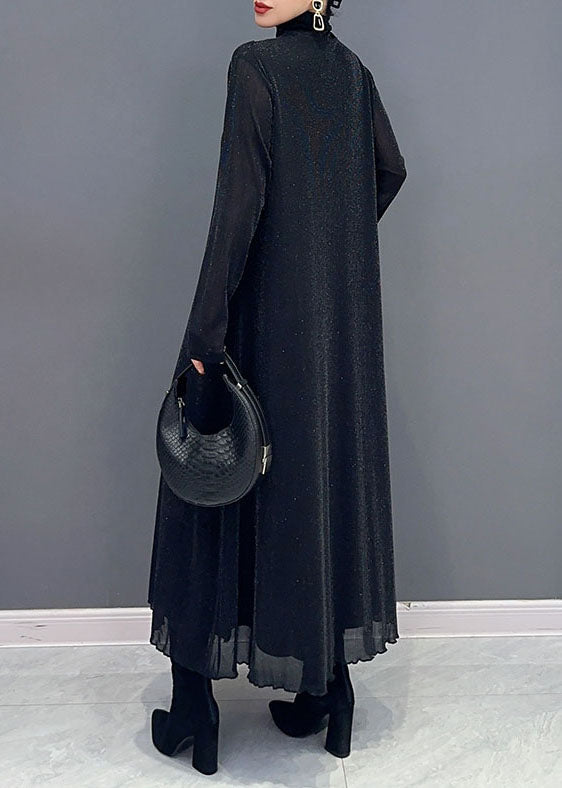 Style Rose Turtleneck Patchwork Tulle Long Dress Long Sleeve - View 4