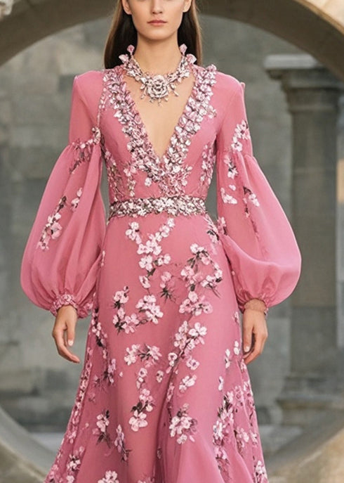 Floral Print Deep V-Neck Bishop Sleeve Rhinestone Trim High Low Midi Dress