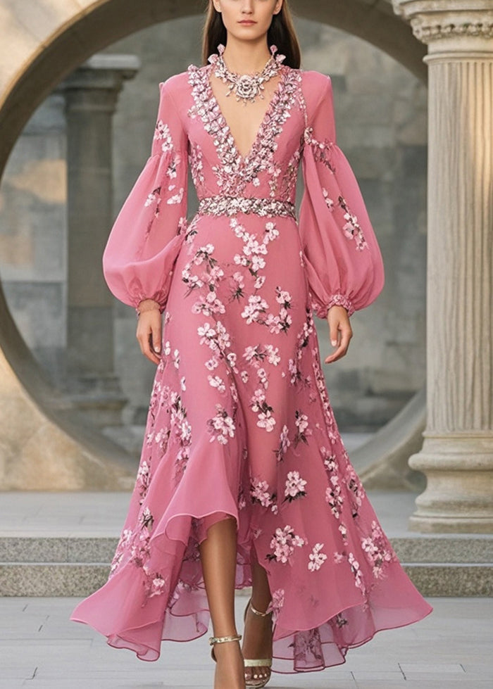 Floral Print Deep V-Neck Bishop Sleeve Rhinestone Trim High Low Midi Dress