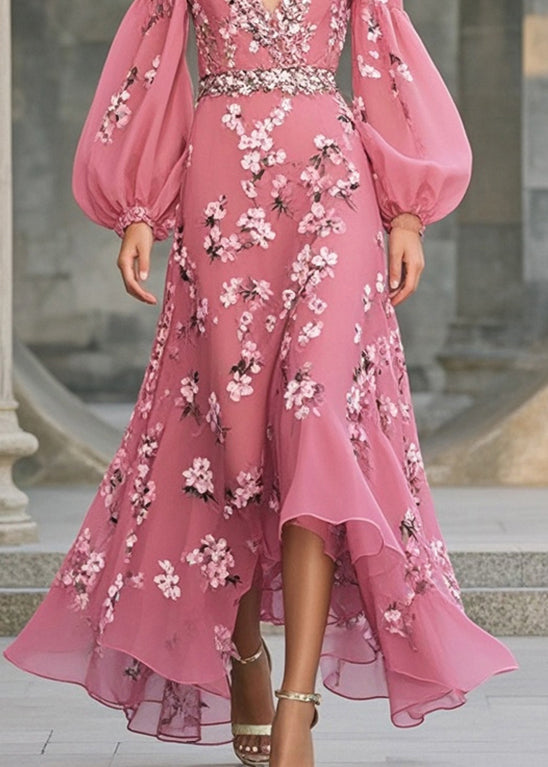 Floral Print Deep V-Neck Bishop Sleeve Rhinestone Trim High Low Midi Dress