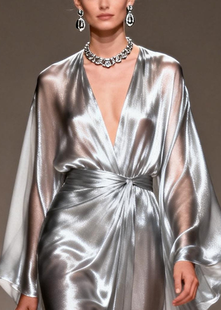 Metallic Deep V-Neck Lantern Sleeve Knot Waist Draped Chiffon Maxi Gown
