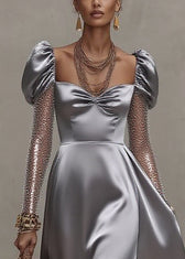 Style Silvery Puff Sleeve Patchwork Tulle Exra Large Hem Party Dress 2