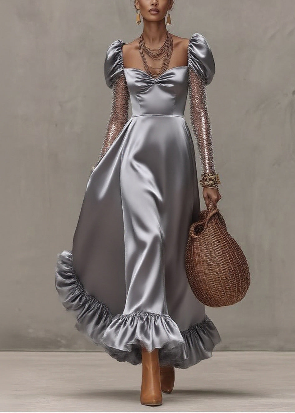 Style Silvery Puff Sleeve Patchwork Tulle Exra Large Hem Party Dress 3