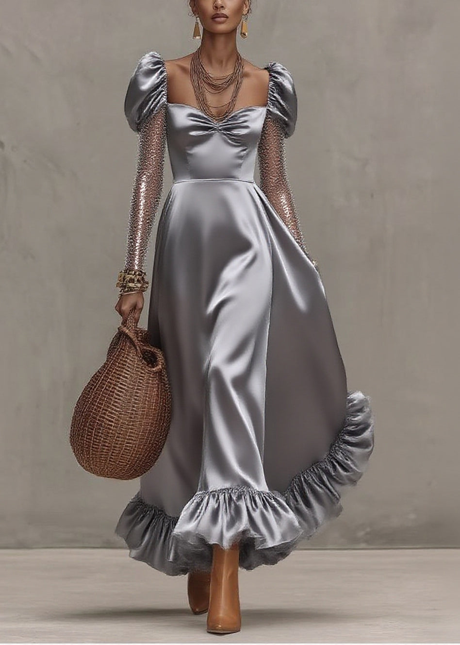Style Silvery Puff Sleeve Patchwork Tulle Exra Large Hem Party Dress 5