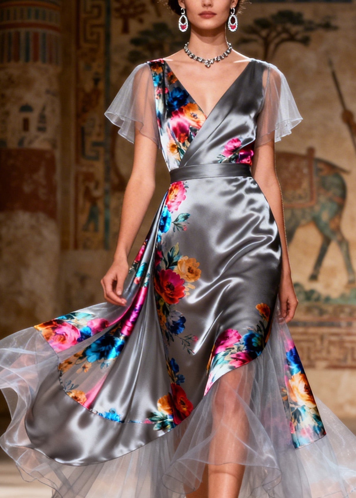 Floral Print V-Neck Flutter Sleeve Wrap Satin Tiered High Low Midi Dress