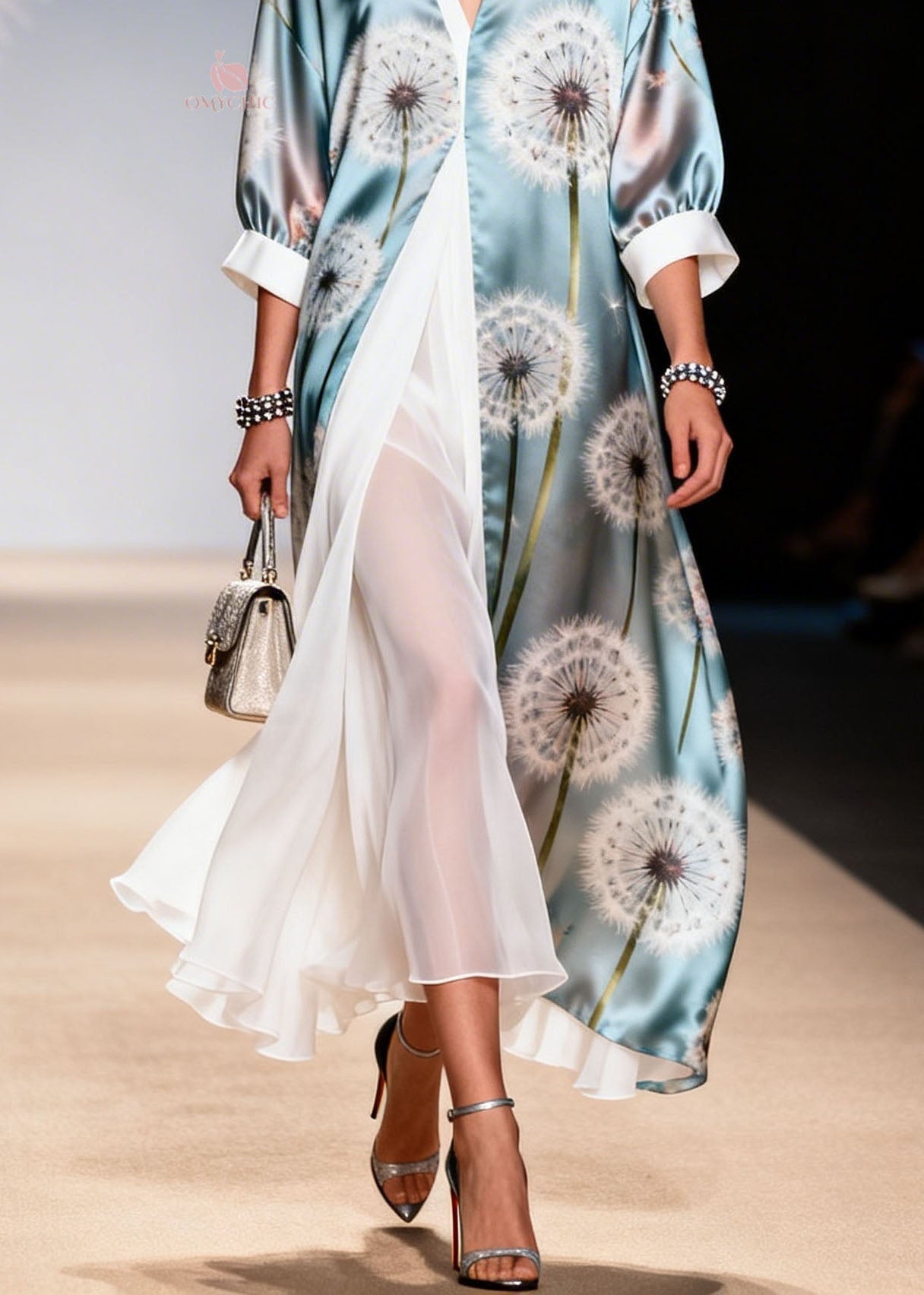 Satin Dandelion Print Deep V-Neck Sheer Maxi Duster Overlay Two Piece Set