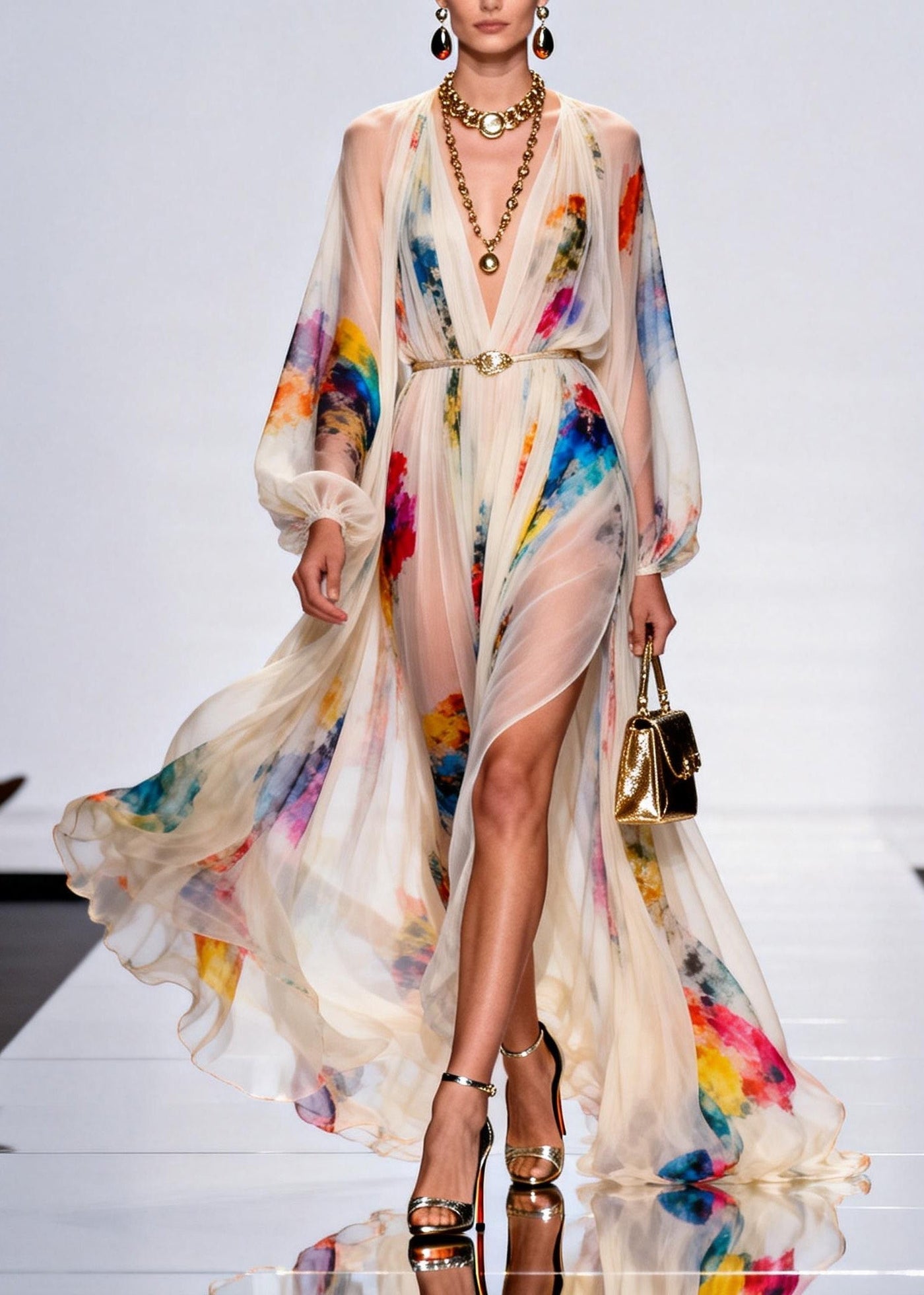 Style V Neck Print Side Open Chiffon Maxi Dress Spring