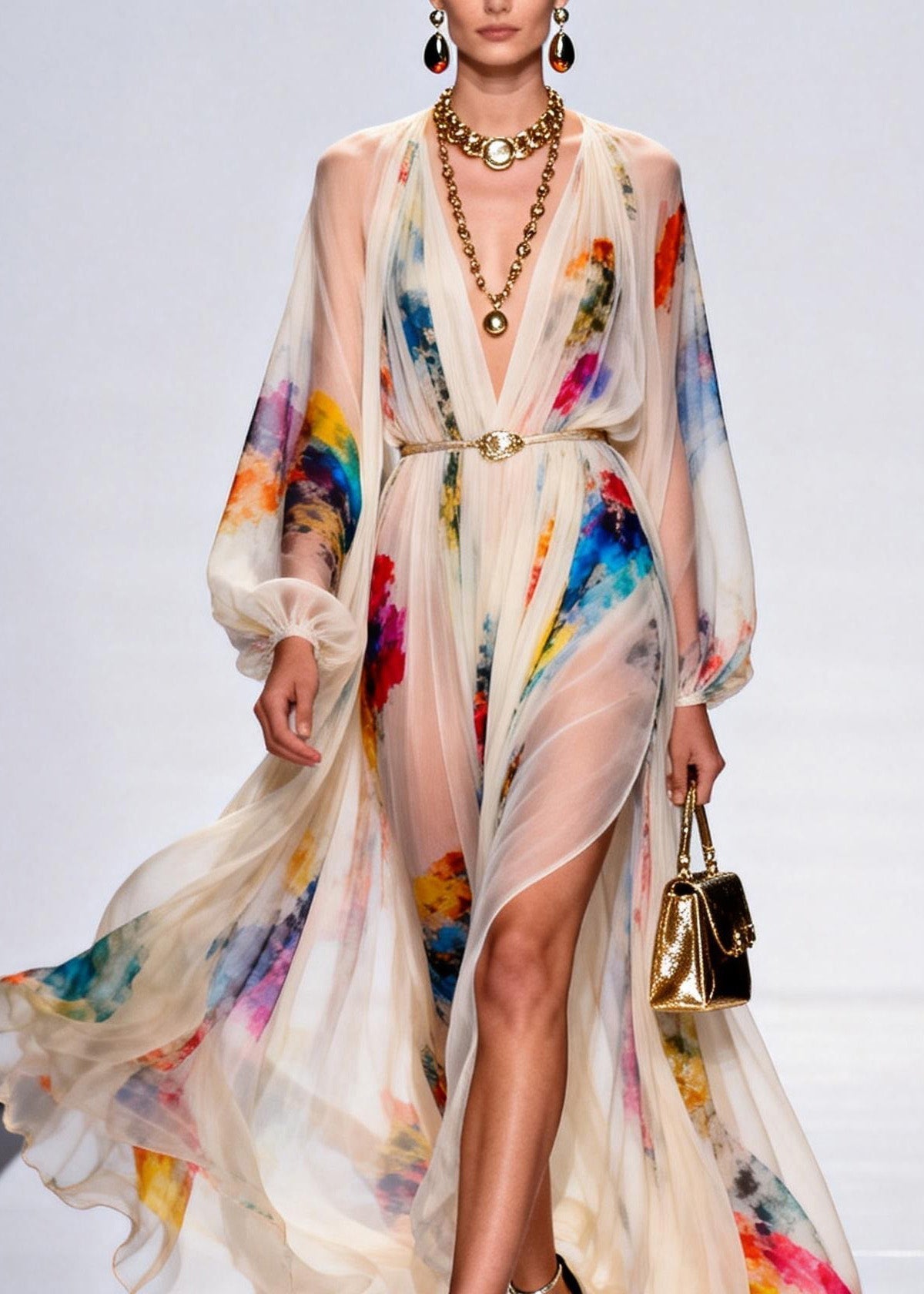 Style V Neck Print Side Open Chiffon Maxi Dress Spring 2