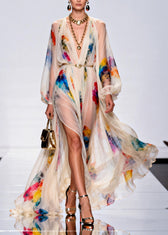 Style V Neck Print Side Open Chiffon Maxi Dress Spring 3