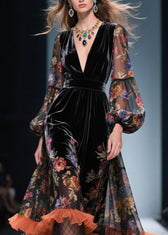 Style V Neck Ruffled Print Patchwork Velvet Dresses Fall 2