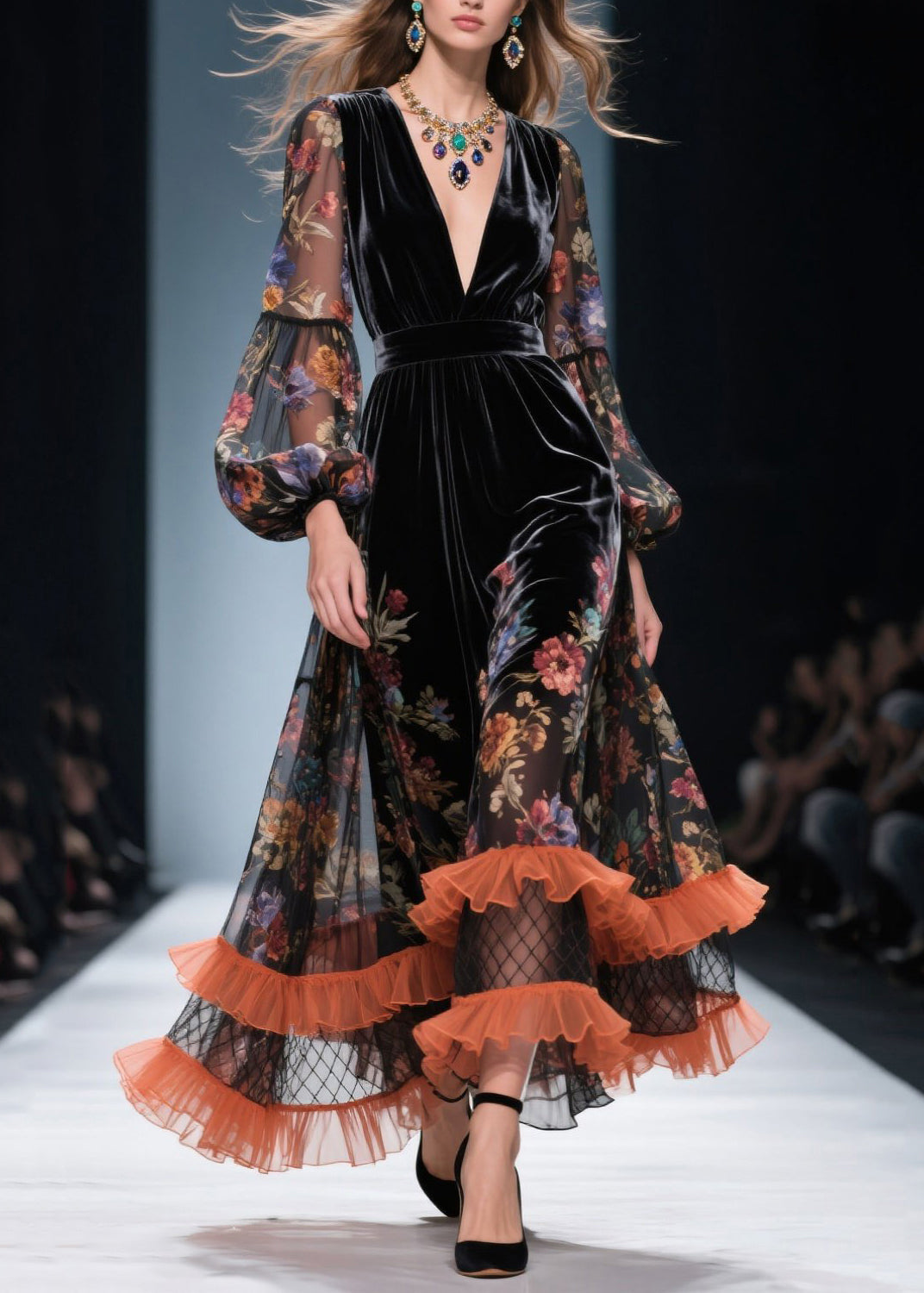 Style V Neck Ruffled Print Patchwork Velvet Dresses Fall 3