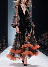 Style V Neck Ruffled Print Patchwork Velvet Dresses Fall 3