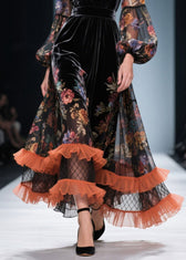 Style V Neck Ruffled Print Patchwork Velvet Dresses Fall 4