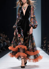 Style V Neck Ruffled Print Patchwork Velvet Dresses Fall 5