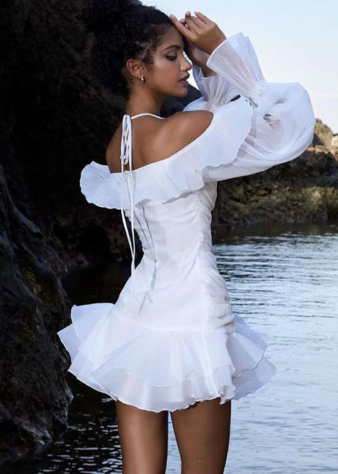 Style White Cold Shoulder Ruffles Chiffon Mini Dresses Lantern Sleeve - View 5