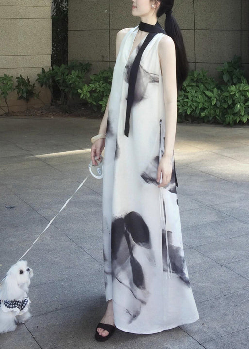 Abstract Print Halter Neck Tie Sleeveless Loose Maxi Dress