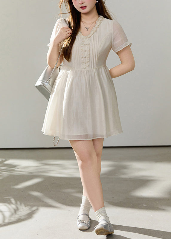 Pintuck Lace Trim V-Neck Ruffle Sleeve Tie Waist Mini Dress