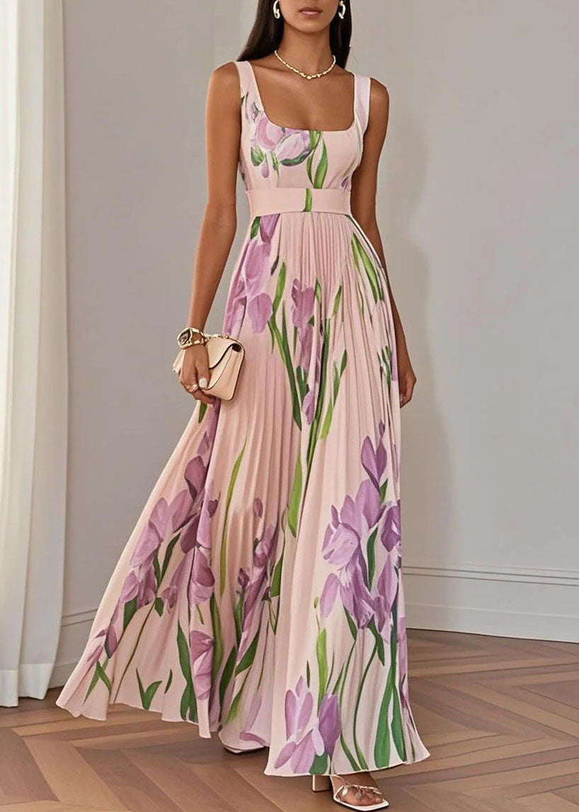 Floral Print Square Neck Sleeveless Belted Pleated Maxi Dress