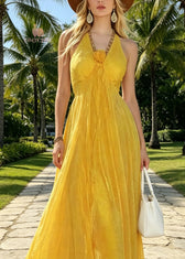 Style Yellow Halter Backless Patchwork Tulle Maxi Dresses Summer 2