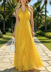 Style Yellow Halter Backless Patchwork Tulle Maxi Dresses Summer 3