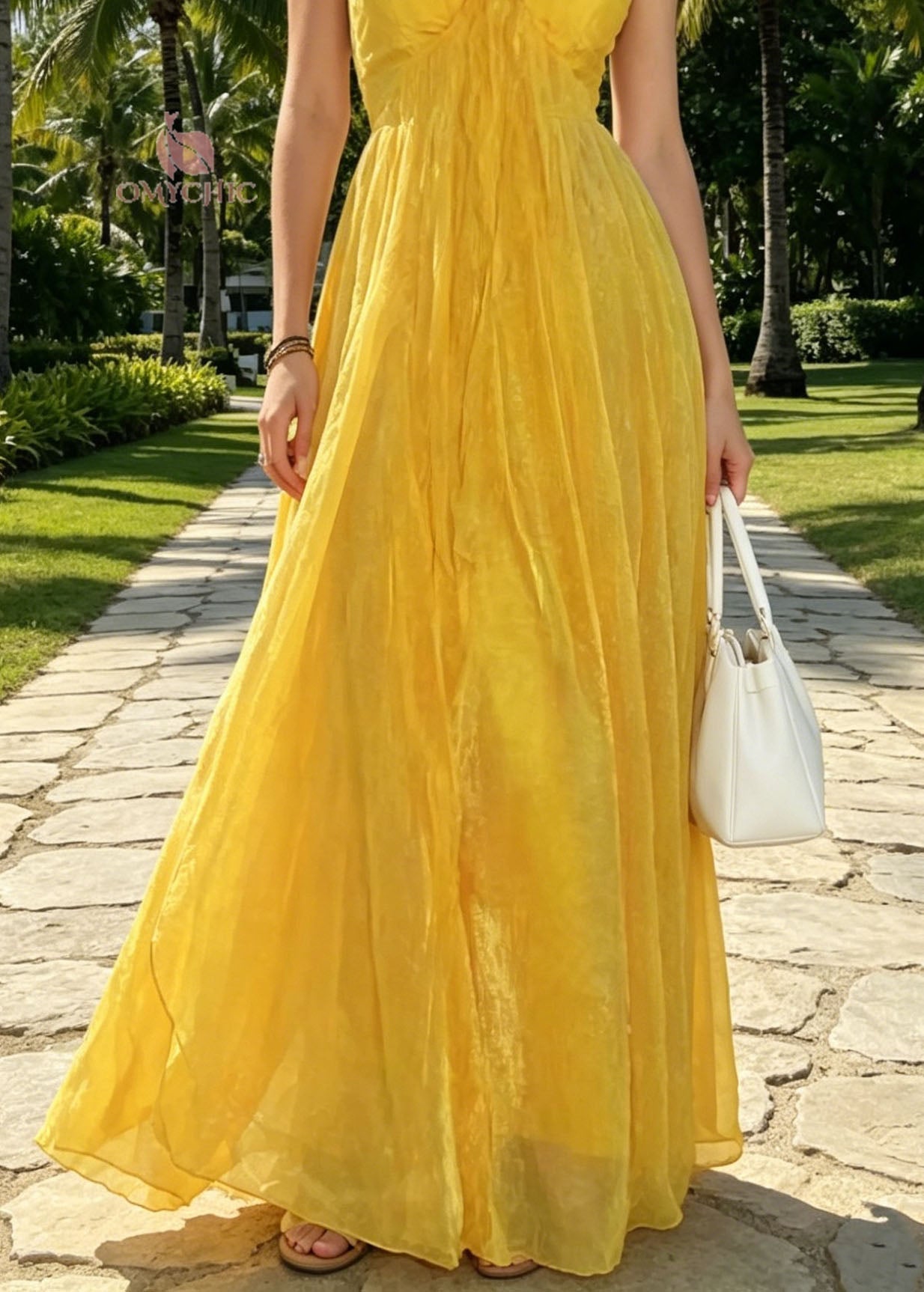 Style Yellow Halter Backless Patchwork Tulle Maxi Dresses Summer 4
