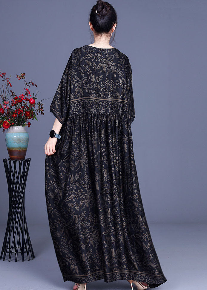 Botanical Print V-Neck Three Quarter Sleeve Empire Waist Oversized Maxi Dress