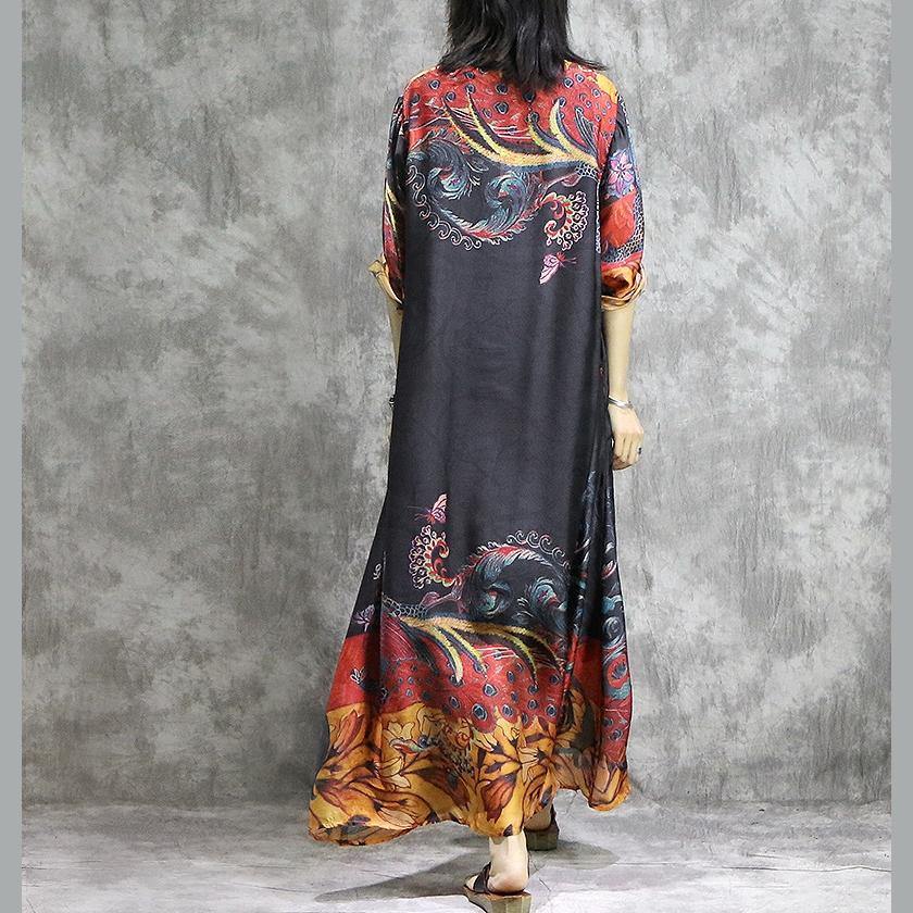 Peacock Graphic Print V-Neck Elbow Sleeve Loose Shift Maxi Dress