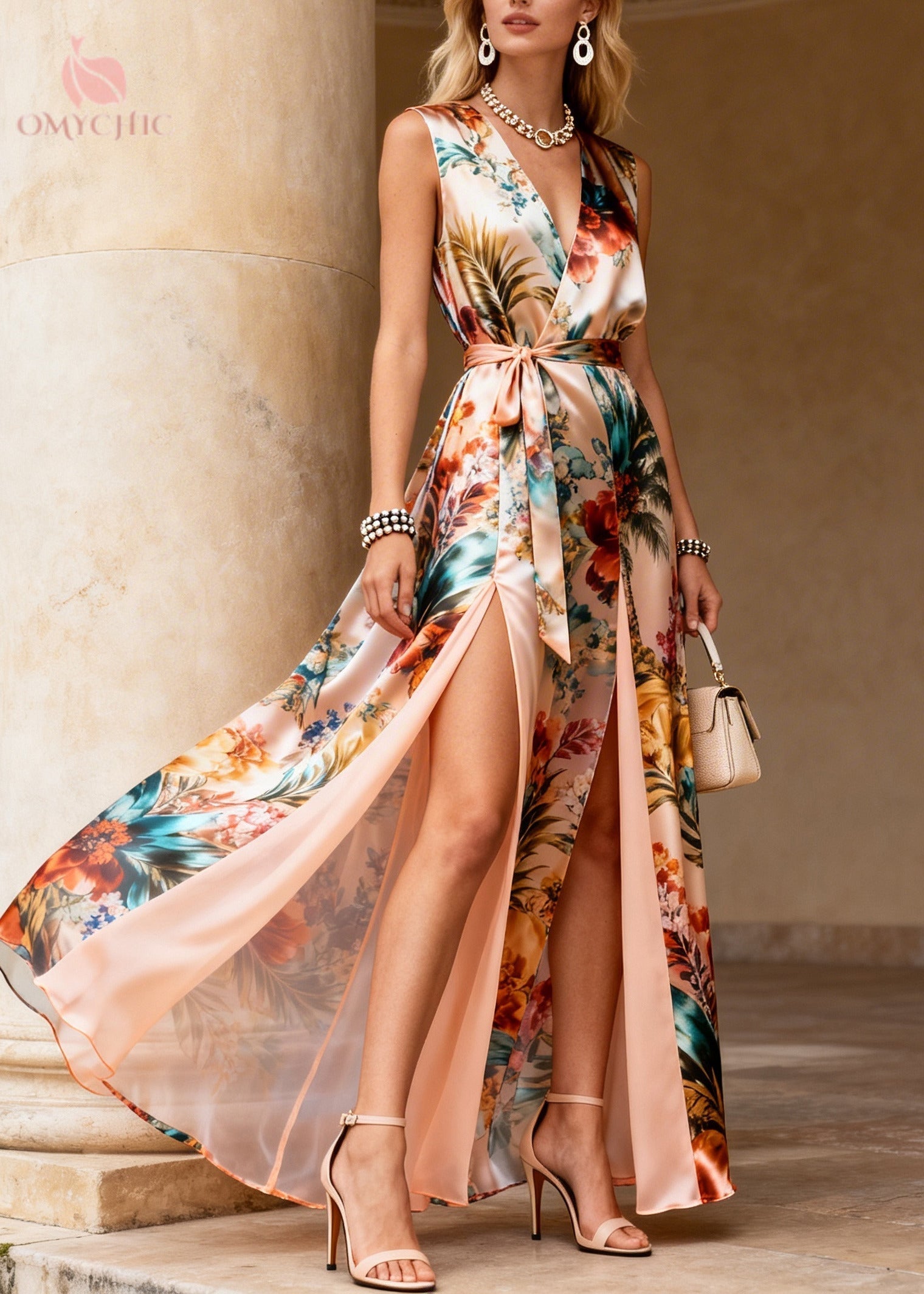 Satin Tropical Print Wrap V-Neck Tie Belt Dual High Split Sleeveless Maxi Dress