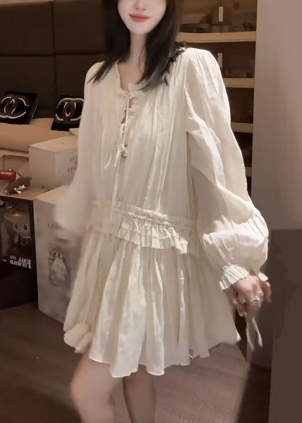 Tie Front Lantern Sleeve Ruffle Drop Waist Loose Mini Dress