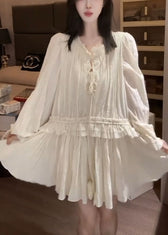 Stylish Apricot Ruffled Lace Up Solid Chiffon Mini Dress Fall 3