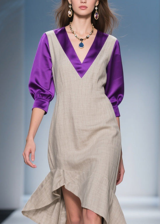 Deep V-Neck Layered Puff Sleeve Satin Trim High Low Ruffle Midi Dress