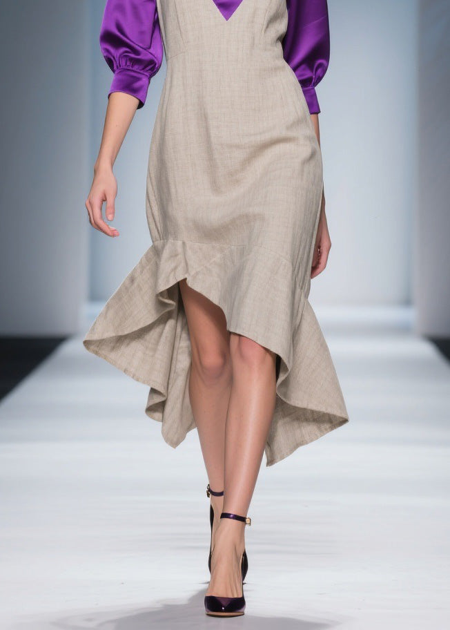 Deep V-Neck Layered Puff Sleeve Satin Trim High Low Ruffle Midi Dress