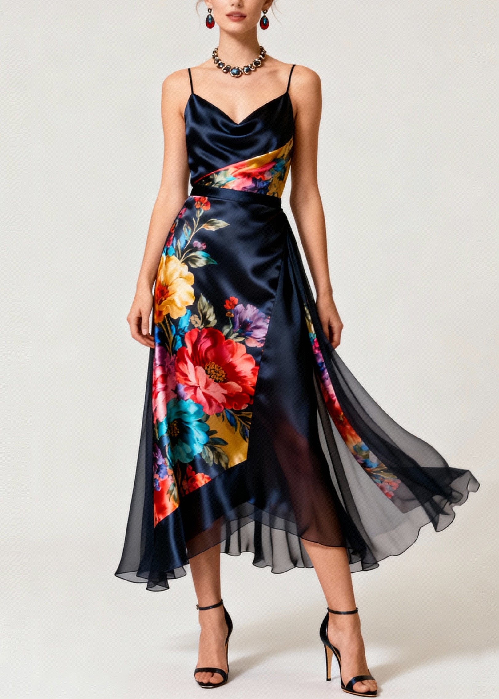 Cowl Neck Spaghetti Strap Floral Print Wrap Satin Midi Dress