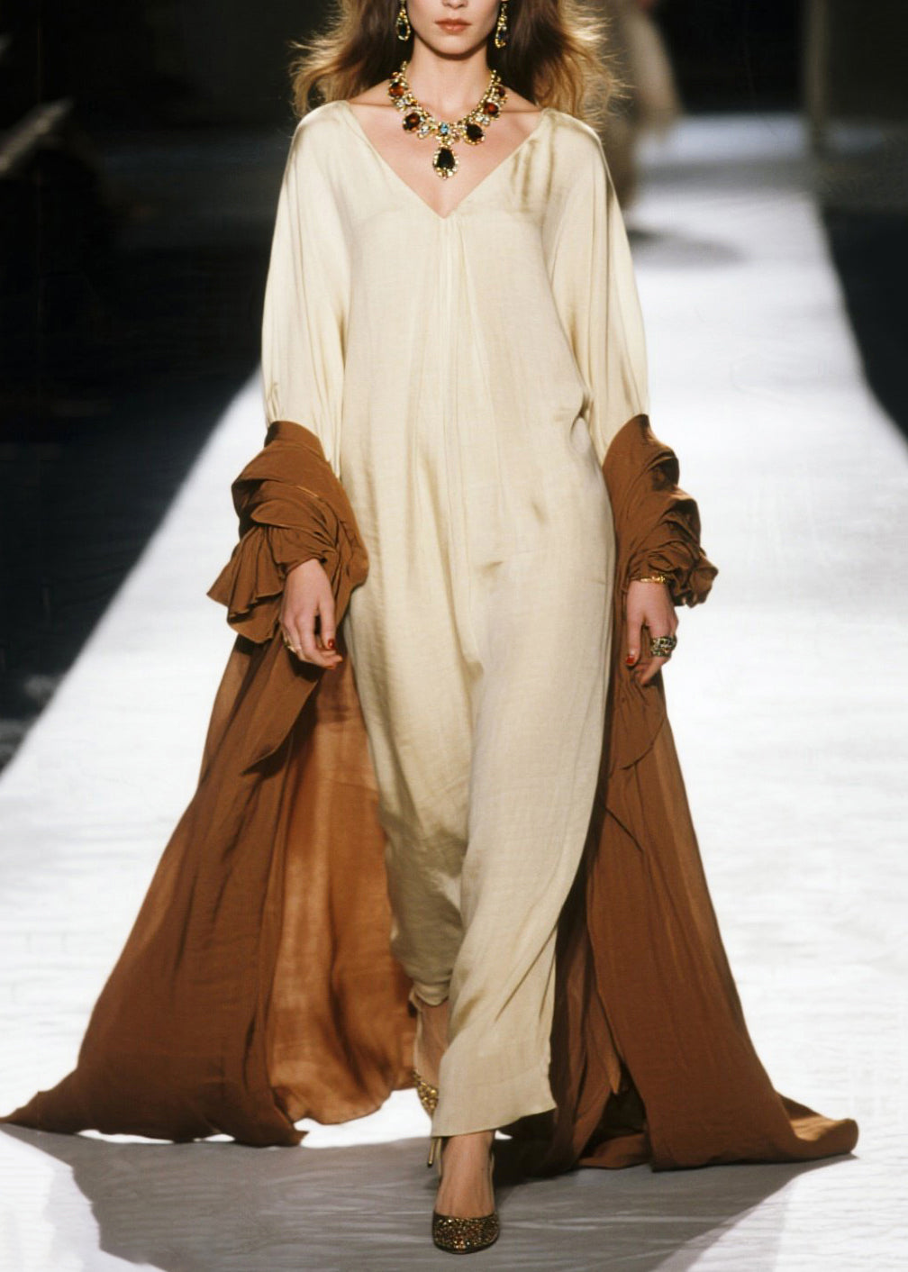 Oversized Deep V-Neck Long Sleeve Wide Leg Pooling Hem Maxi Gown