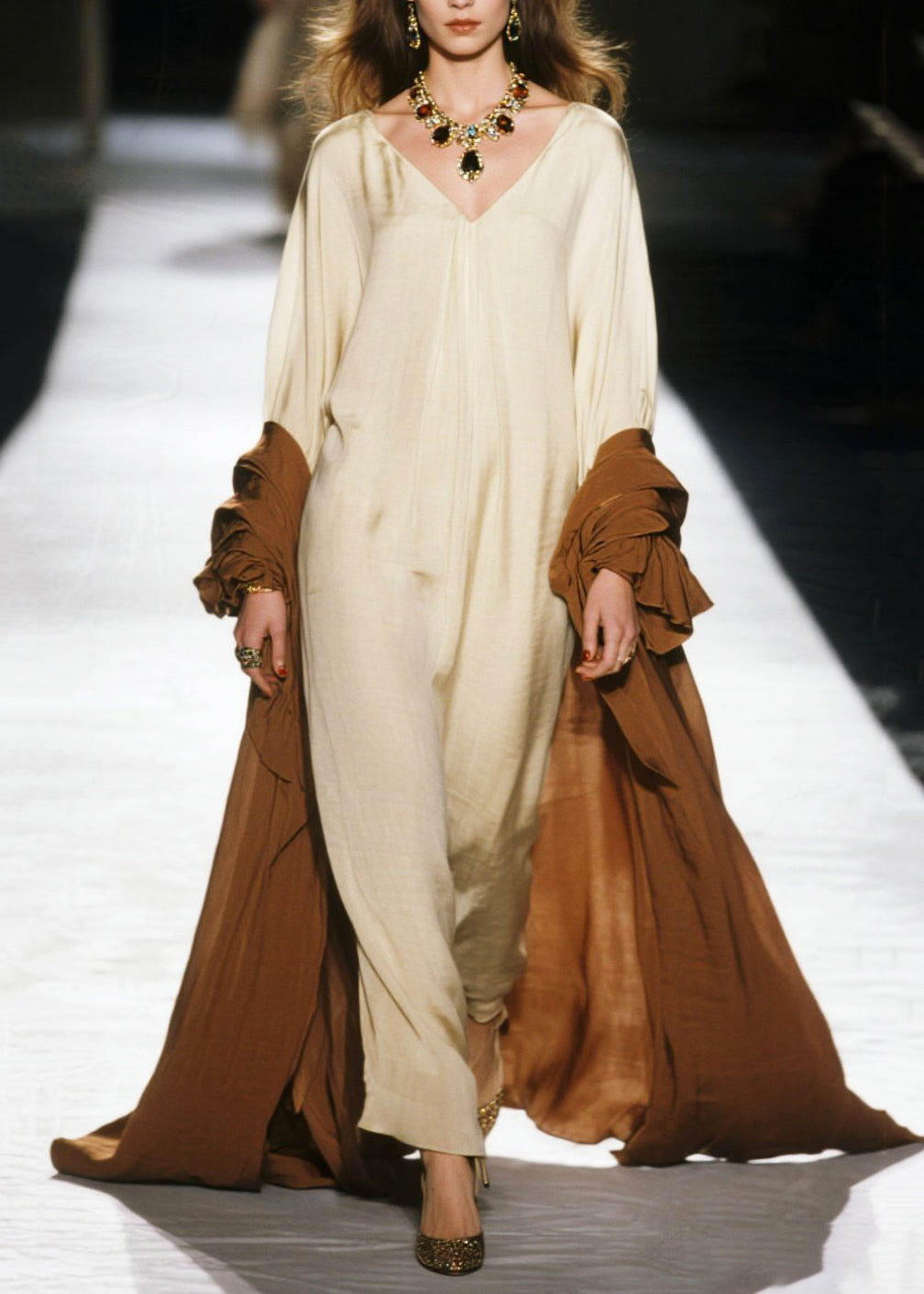 Oversized Deep V-Neck Long Sleeve Wide Leg Pooling Hem Maxi Gown