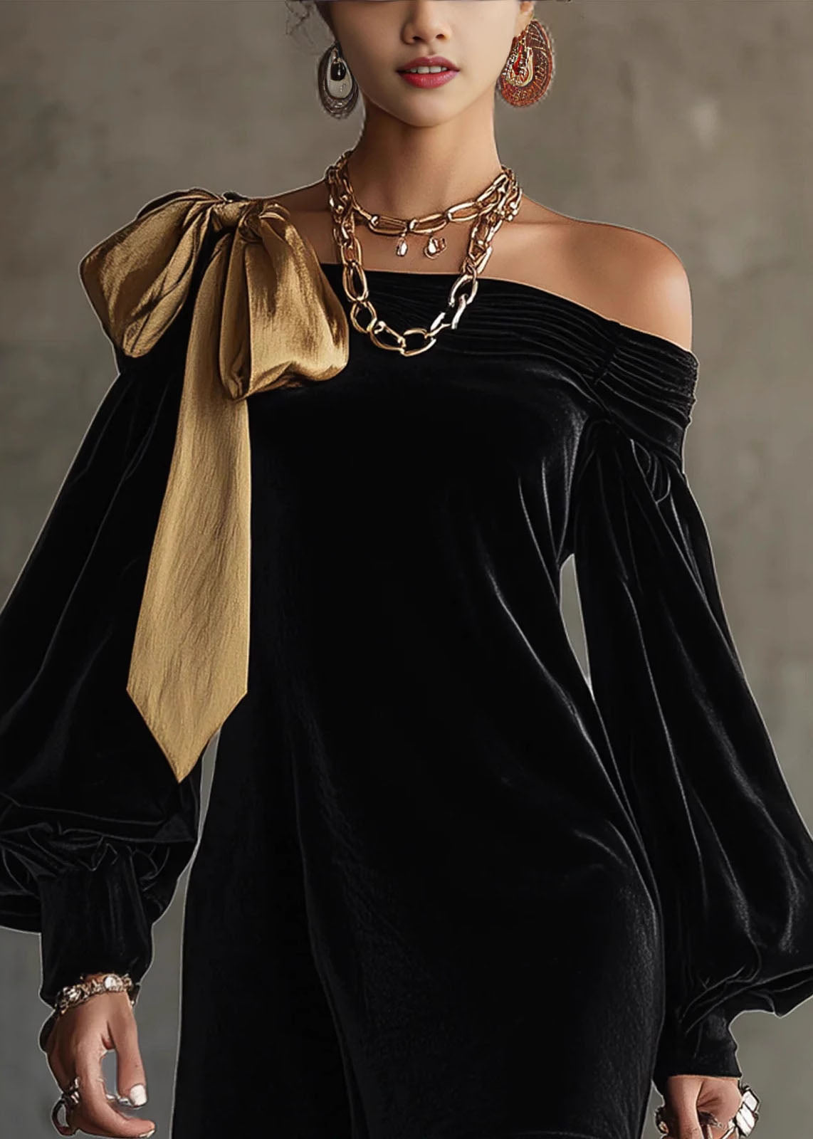 Velvet One Shoulder Bow Off Shoulder Ruched Puff Sleeve Mini Dress