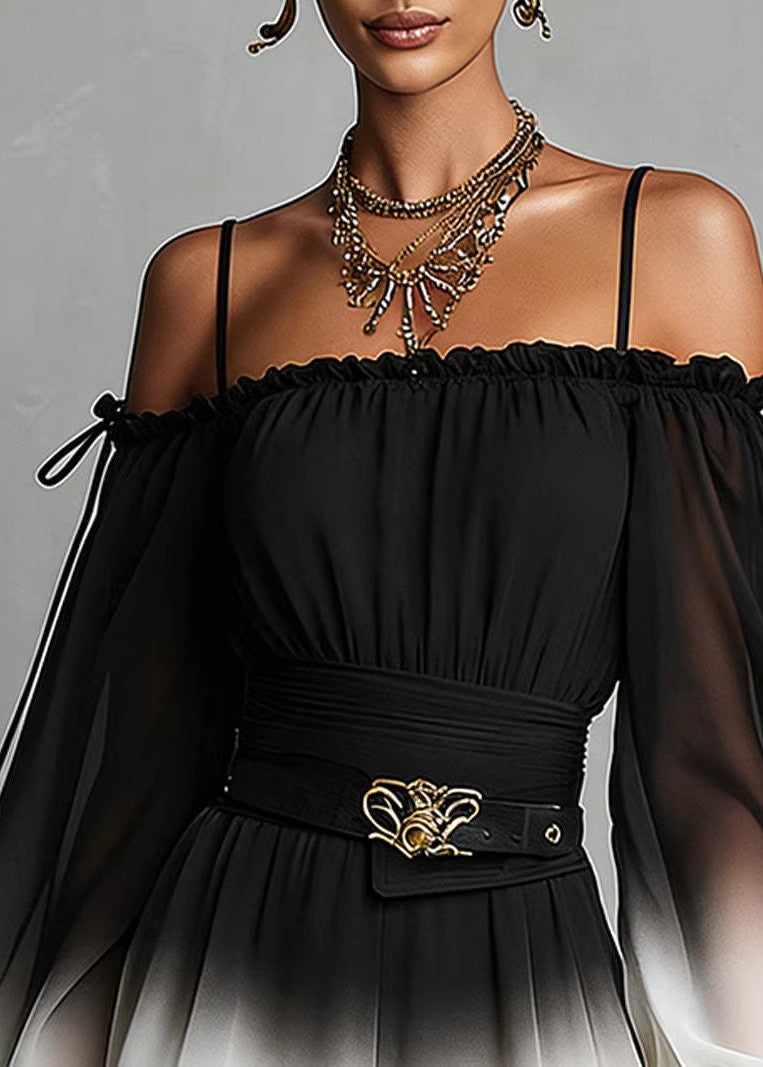 Stylish Black Gradient Cold Shoulder Patchwork Chiffon Dress Summer