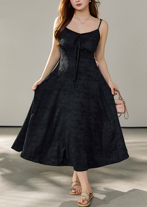 Jacquard Floral Tie Front Spaghetti Strap A-Line Midi Dress
