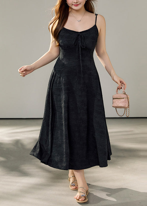 Jacquard Floral Tie Front Spaghetti Strap A-Line Midi Dress