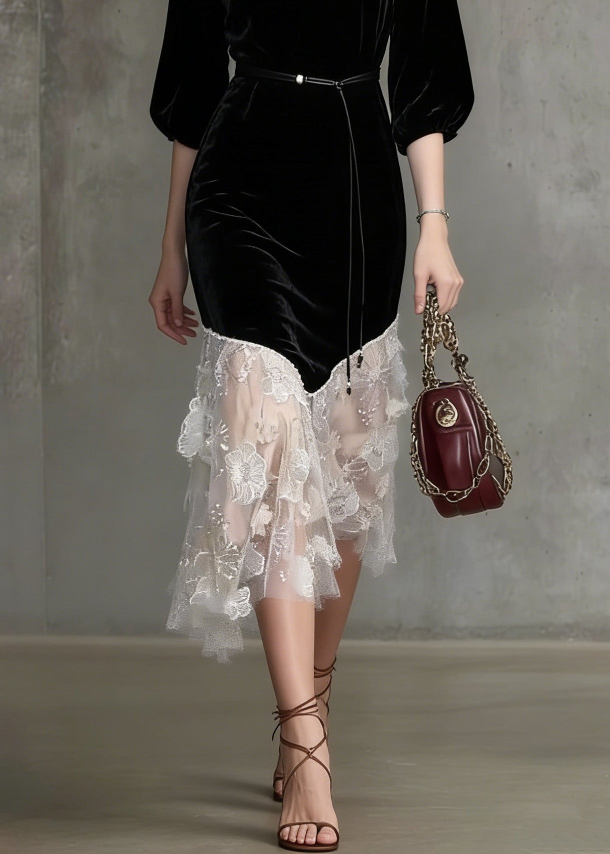 Velvet V-Neck Belted Lace Tiered Asymmetrical Midi Dress