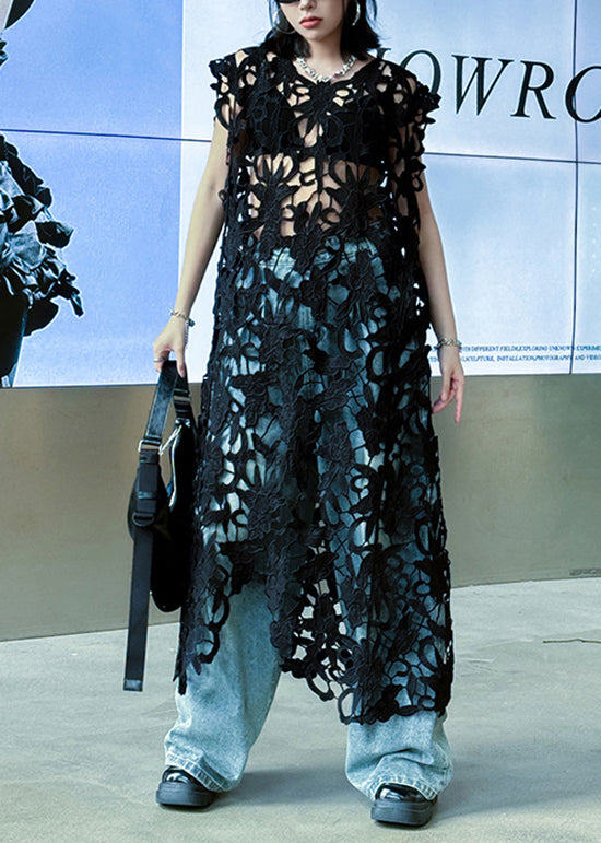 Lace Cut Out Floral Sheer Sleeveless Round Neck Column Maxi Dress