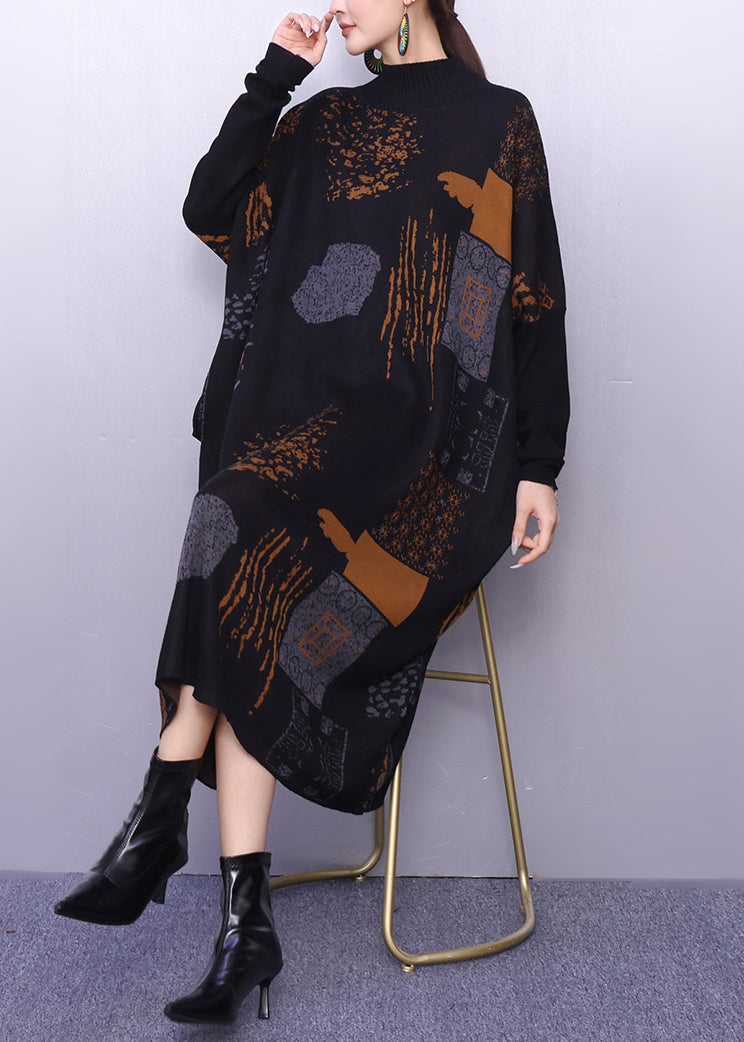 Stylish Black Oversized Print Knitted Dress Winter